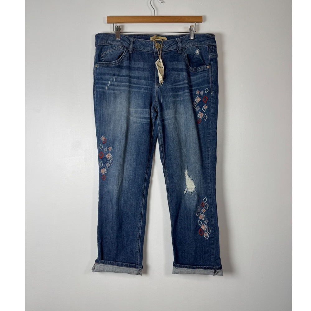 Boho Democracy Womens 14 Girlfriend Jeans Blue Embroidered Distressed NWT